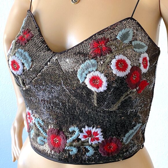 Embroidered Sequin Crop Top Cocktail Party Top Shiny Gold Crop Top Festival Glam - Picture 7 of 10